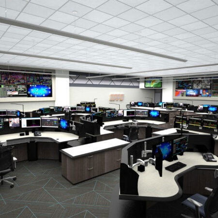 Renovation design by Lamb's Electric utility Control Room Architects and Engineers featuring LCD video walls and new sit-stand consoles for operators