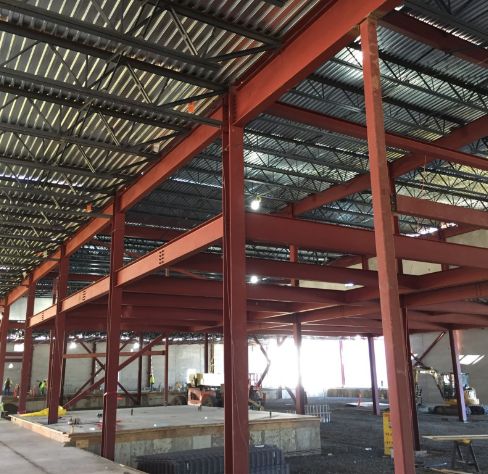 Steel girders in building under construction, designed by Lamb structural engineers.