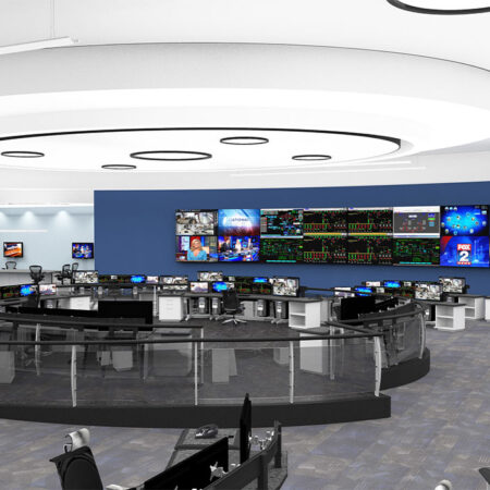Rendering of completed 24/7 System Operations Center designed by Lamb's control room Architects, with elevated central supervisor platform and 34 custom operator workstations and direct-view LED video wall.