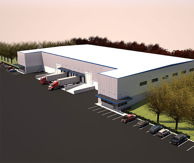 Rendering of outside of warehouse and distribution center with tractor-trailers