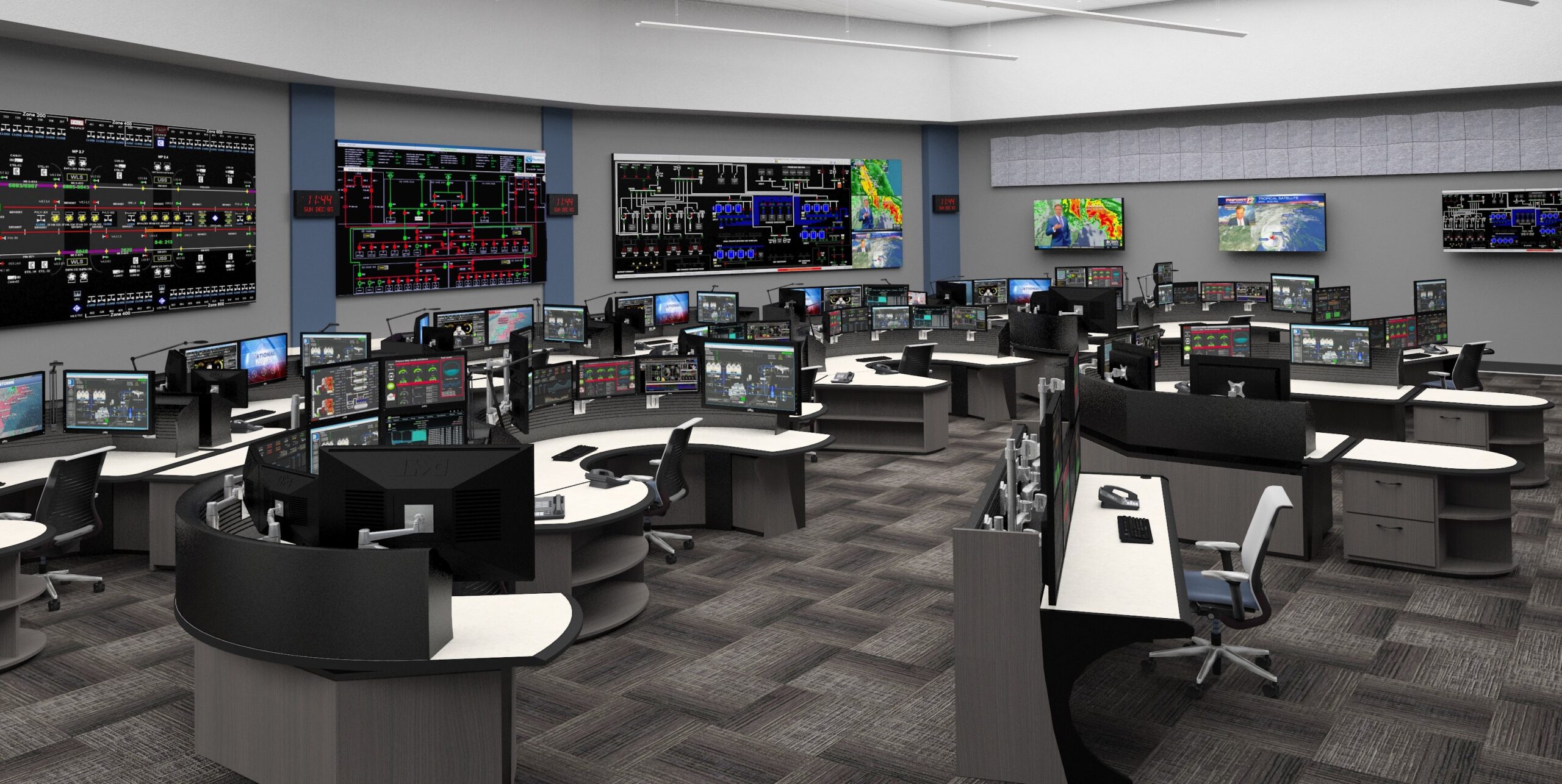 Completed Control Room designed and built by Robert E. Lamb, with three video walls and multiple sit-stand consoles for operators